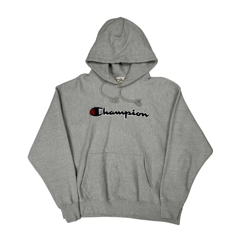 Reverse Weave Champion Spellout Hoodie - XL Grey Cotton