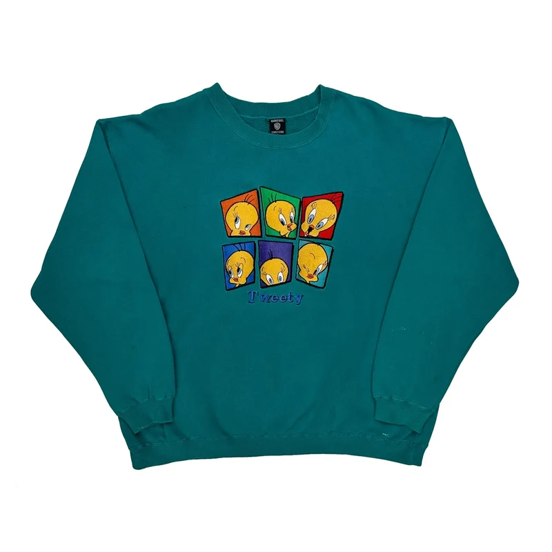Tweety Warner Bros Cartoon Sweatshirt - Large Green Cotton Blend