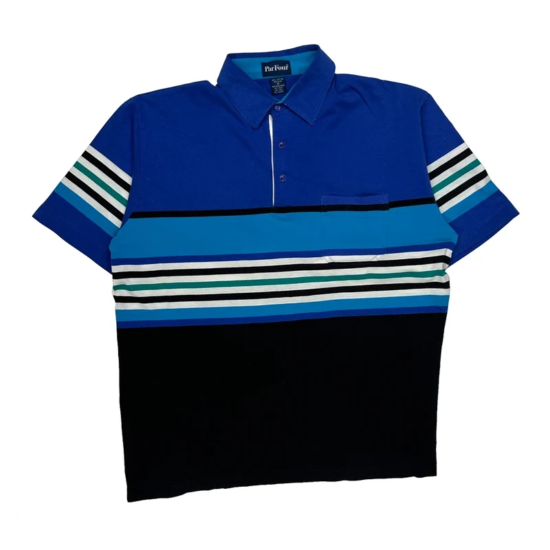 Par Four Striped Polo Shirt - Medium Blue Cotton