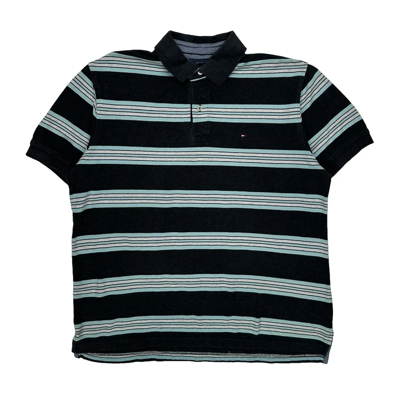 Tommy Hilfiger Striped Polo Shirt - Large Black Cotton