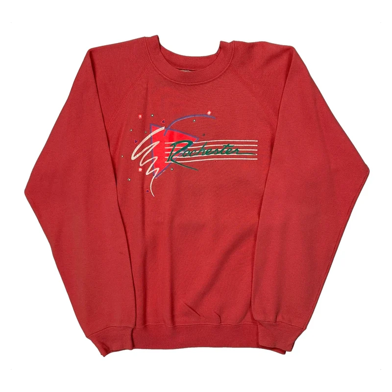 80S Hanes Graphic Raglan Sweatshirt - Large Red Cotton Blend