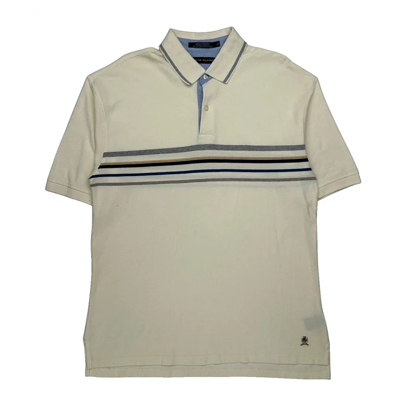 Tommy Hilfiger Striped Polo Shirt - XL Cream Cotton