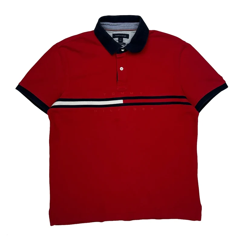 Tommy Hilfiger Striped Polo Shirt - Large Red Cotton