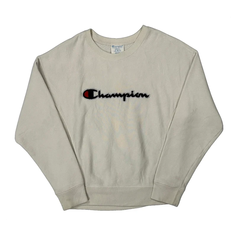 Reverse Weave Champion Spellout Sweatshirt - Small Cream Cotton