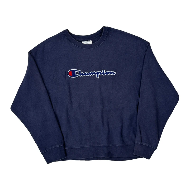 Reverse Weave Champion Spellout Sweatshirt - XL Navy Cotton