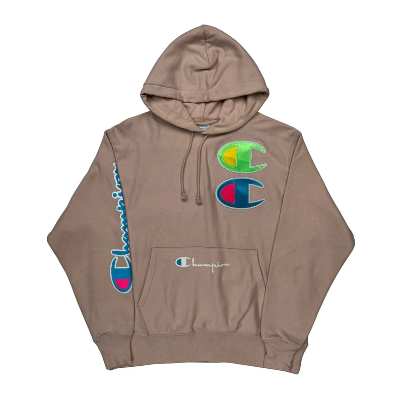 Reverse Weave Champion Spellout Hoodie - Large Brown Cotton