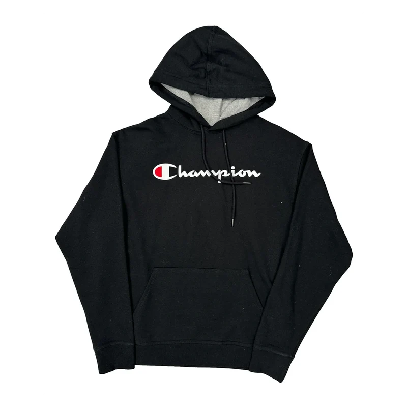 Champion Spellout Hoodie - Large Black Cotton