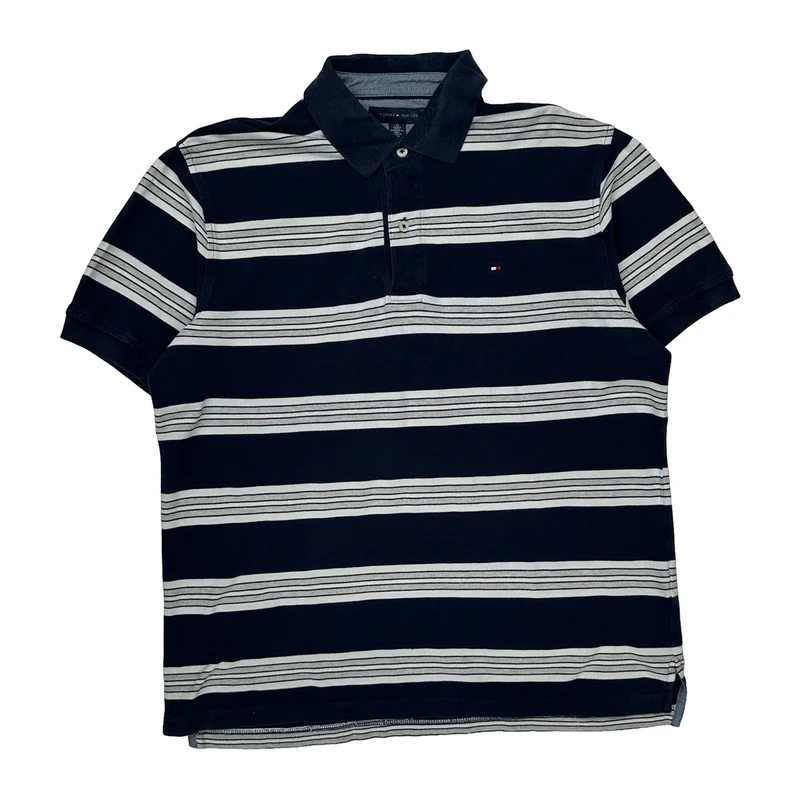 Tommy Hilfiger Striped Polo Shirt - Large Navy Cotton
