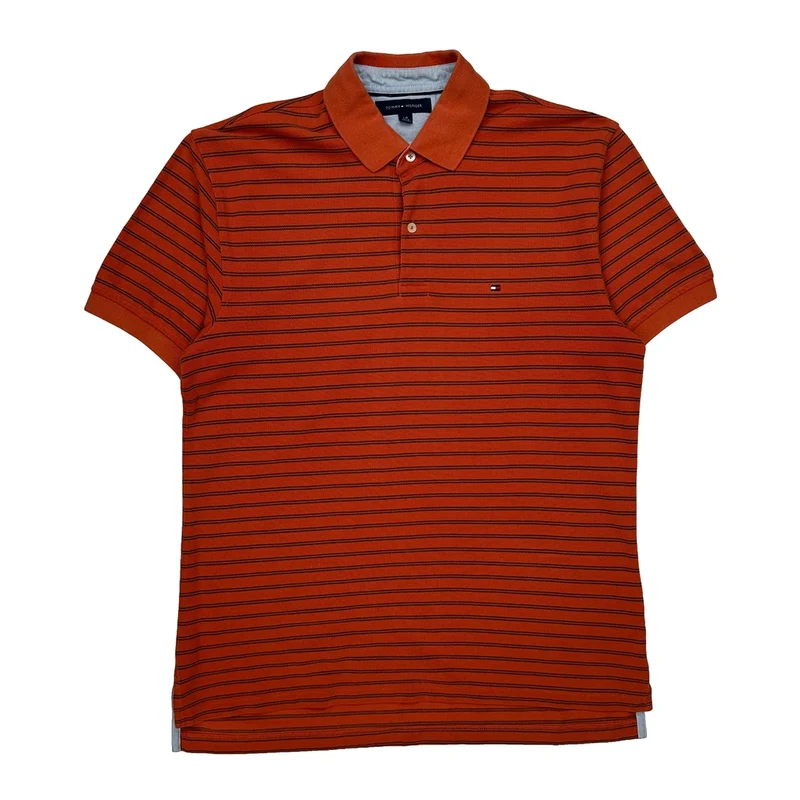 Tommy Hilfiger Striped Polo Shirt - Large Orange Cotton