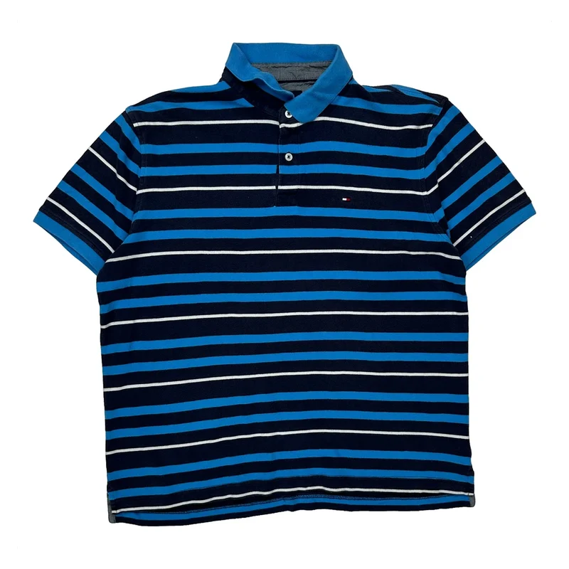 Tommy Hilfiger Striped Polo Shirt - Large Blue Cotton