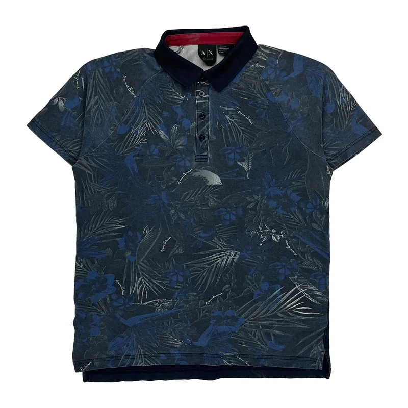 Armani Exchange Floral Polo Shirt - Medium Blue Cotton