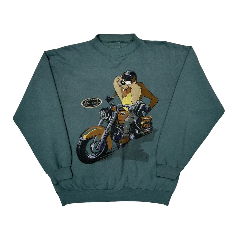Biker Series Looney Tunes Cartoon Sweatshirt - Medium Green Cotton