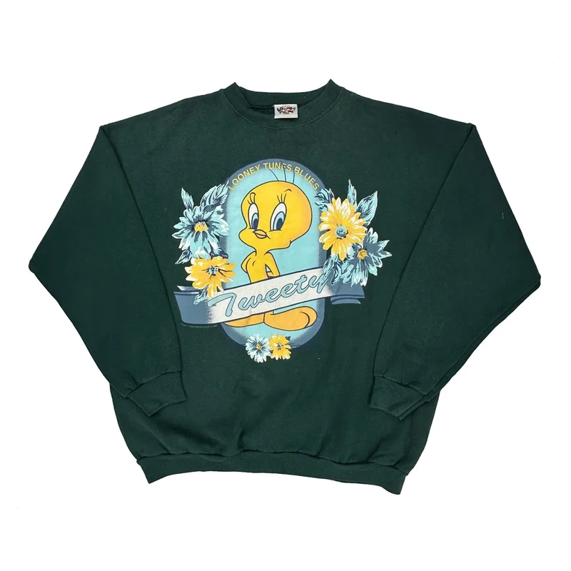 Tweety Bird Looney Tunes Sweatshirt - Large Green Cotton