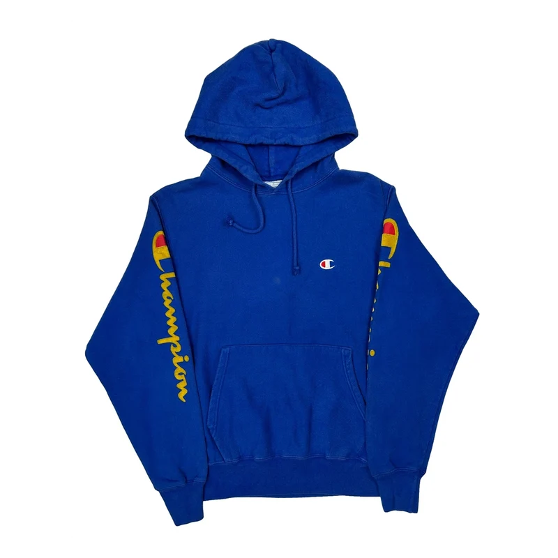 Reverse Weave Champion Spellout Hoodie - Medium Blue Cotton