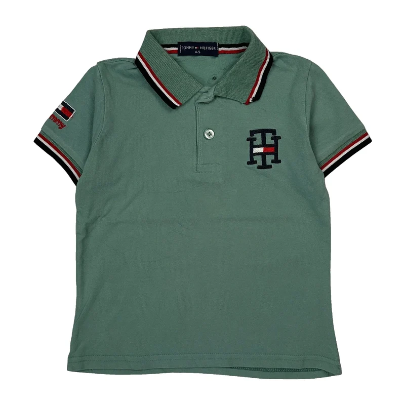 Age 4-5 Tommy Hilfiger Striped Polo Shirt - XS Green Cotton