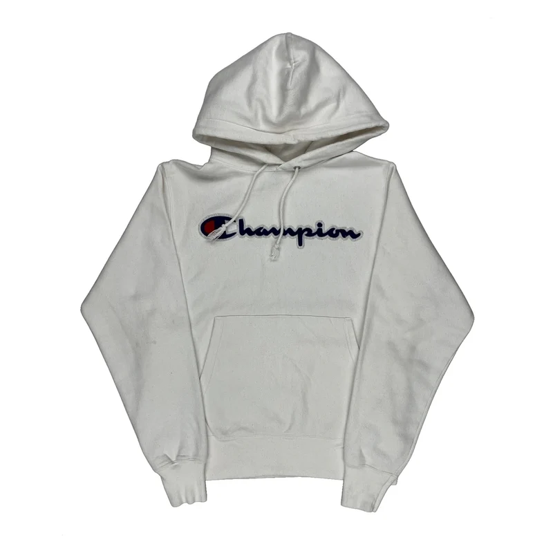 Reverse Weave Champion Spellout Hoodie - Small White Cotton