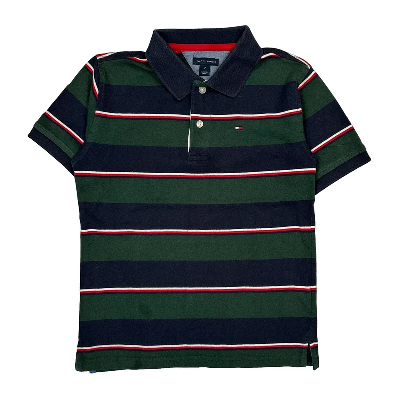 Age 7 Tommy Hilfiger Striped Polo Shirt - Small Green Cotton