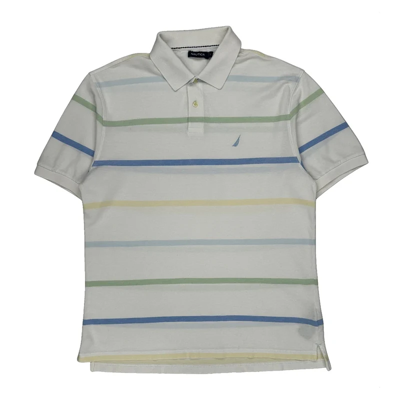 Nautica Striped Polo Shirt - Large White Cotton