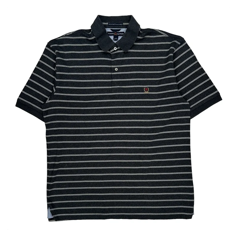 Tommy Hilfiger Striped Polo Shirt - Large Black Cotton