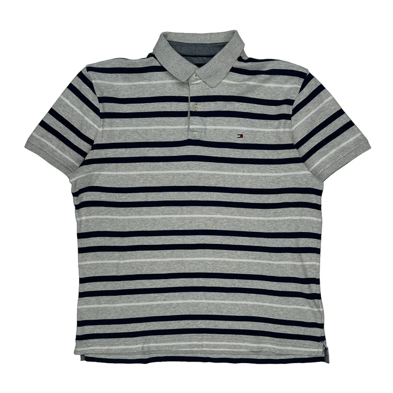 Tommy Hilfiger Striped Polo Shirt - Large Grey Cotton