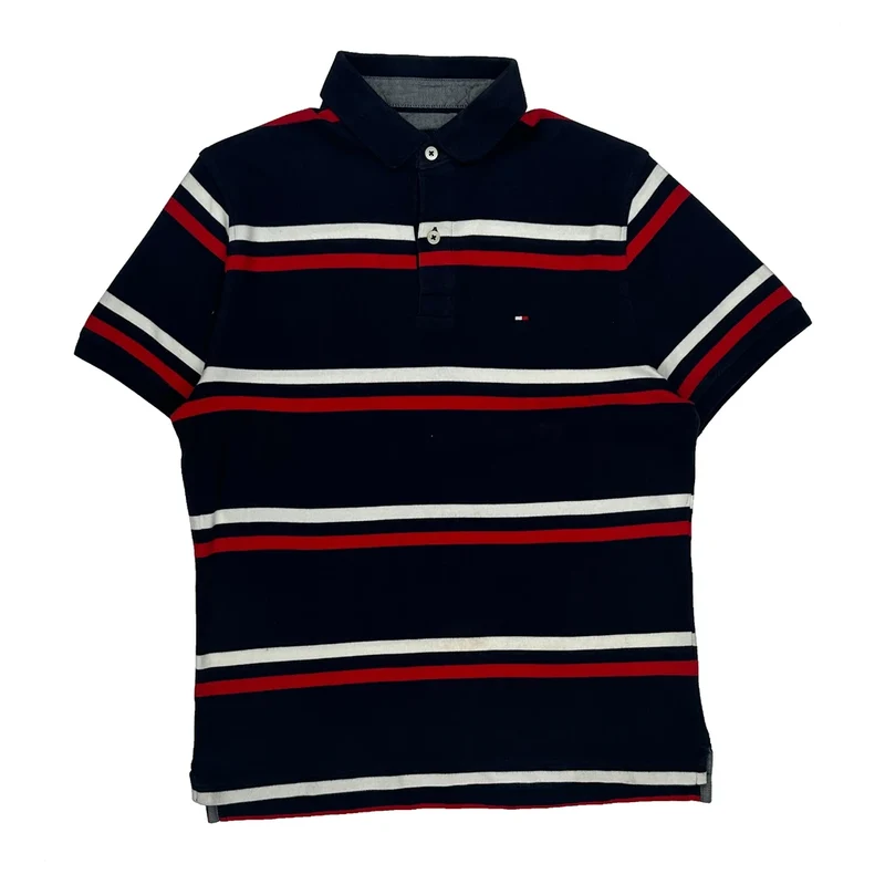 Tommy Hilfiger Striped Polo Shirt - Small Navy Cotton
