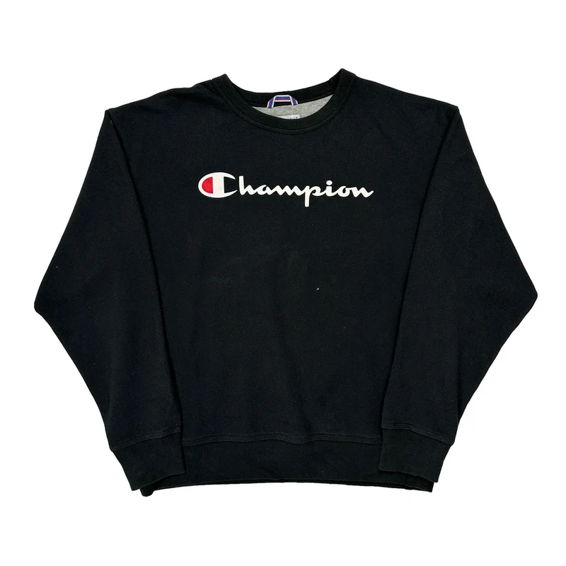 Champion Spellout Sweatshirt - Large Black Cotton