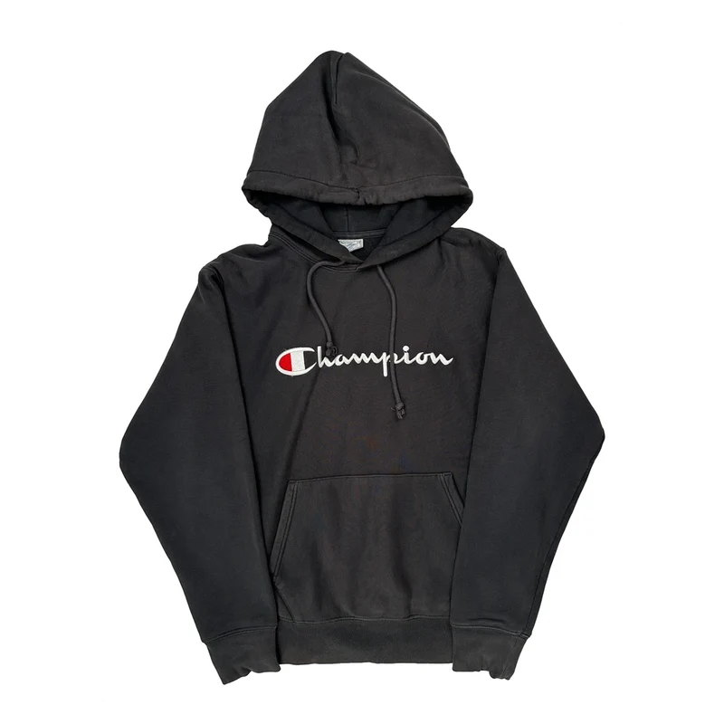 Reverse Weave Champion Spellout Hoodie - Medium Black Cotton Blend
