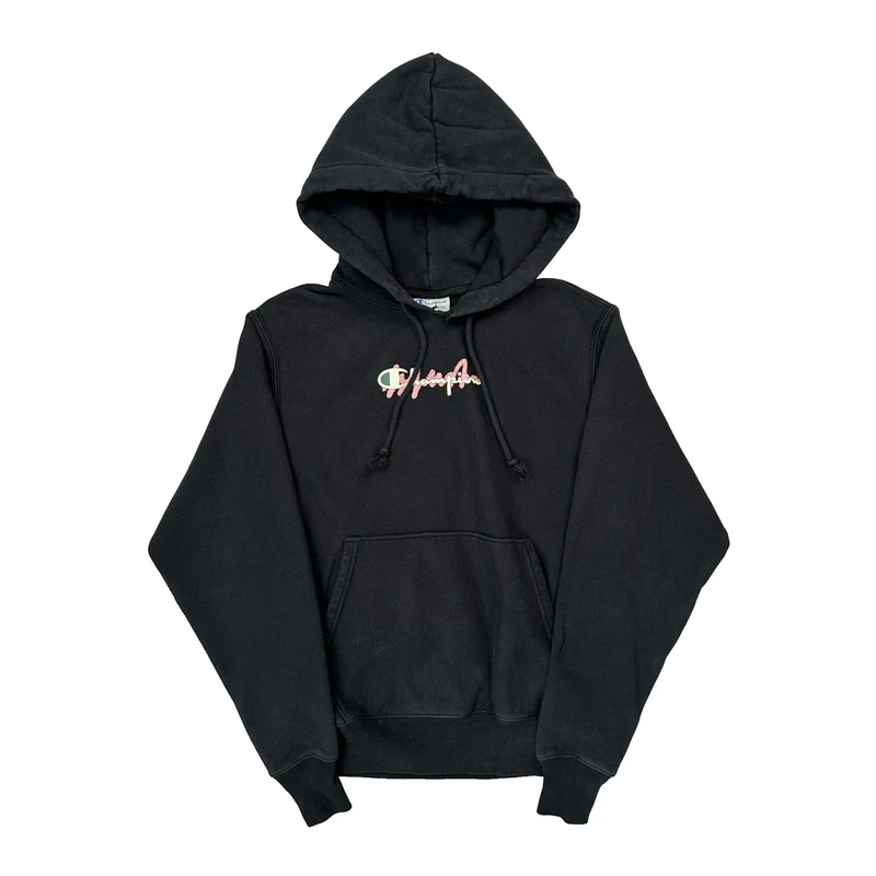 Reverse Weave Champion Spellout Hoodie - Small Black Cotton Blend