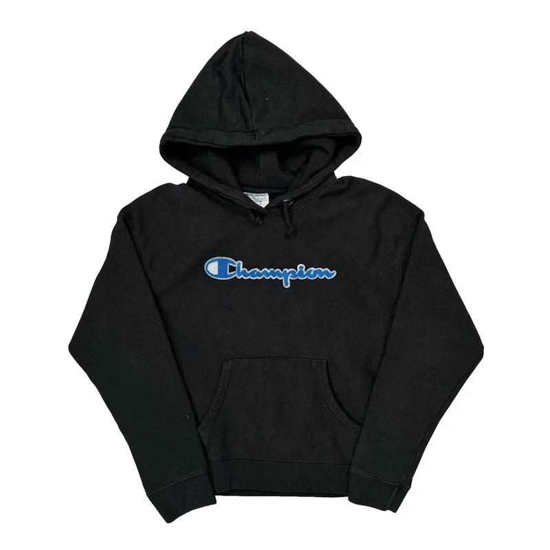 Reverse Weave Champion Spellout Hoodie - Medium Black Cotton Blend