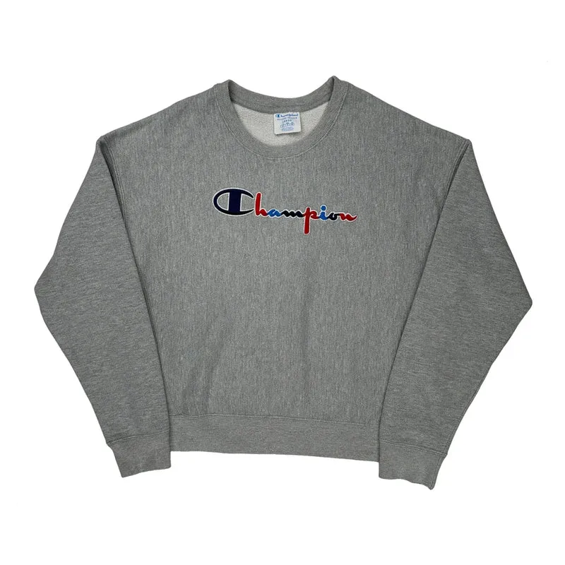Reverse Weave Champion Spellout Sweatshirt - Large Gray Cotton