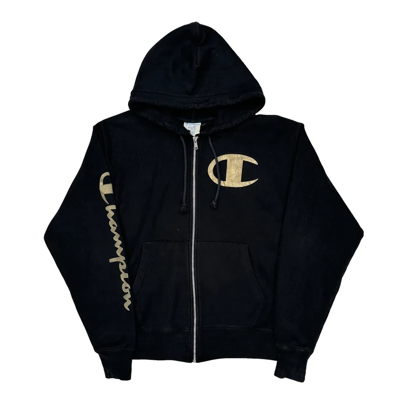 Reverse Weave Champion Spellout Hoodie - Medium Black Cotton Blend