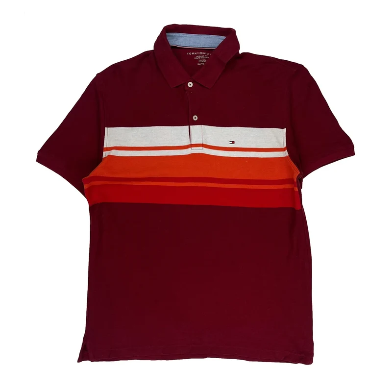 Tommy Hilfiger Striped Polo Shirt - XL Burgundy Cotton