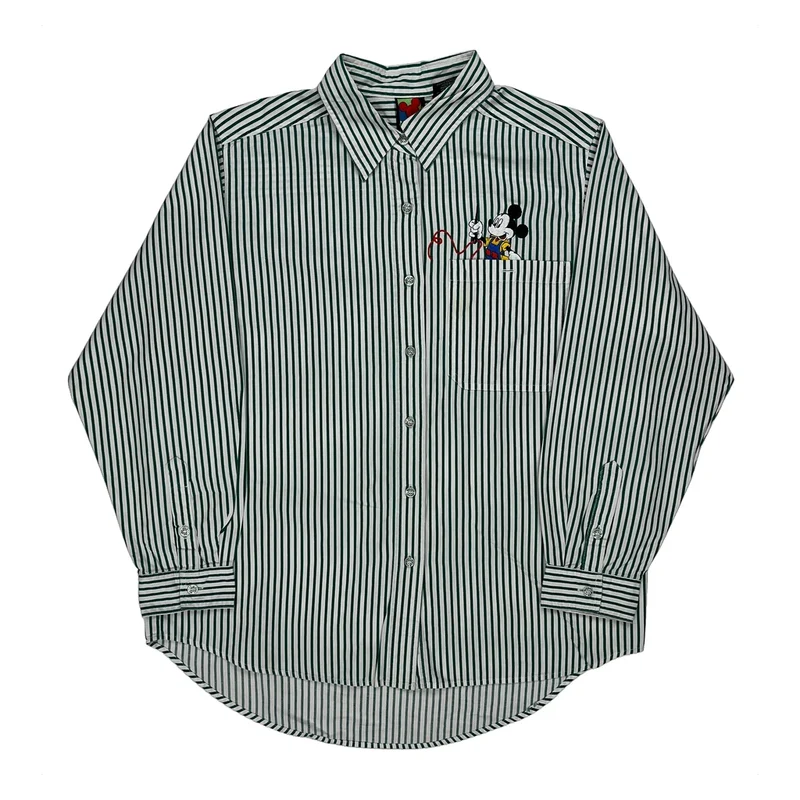 Mickey Mouse Embroidery Mickey Unlimited Striped Shirt - Medium Green Cotton