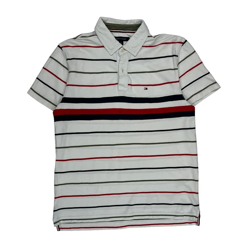 Tommy Hilfiger Striped Polo Shirt - Medium White Cotton