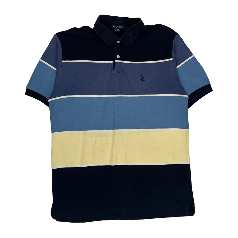 Nautica Striped Polo Shirt - Medium Blue Cotton