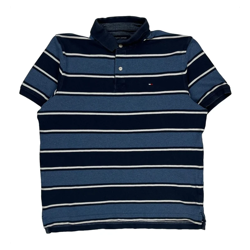 Tommy Hilfiger Striped Polo Shirt - Medium Blue Cotton