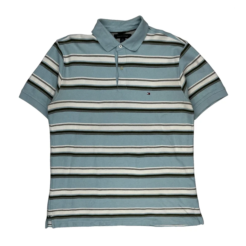 Tommy Hilfiger Striped Polo Shirt - Large Blue Cotton