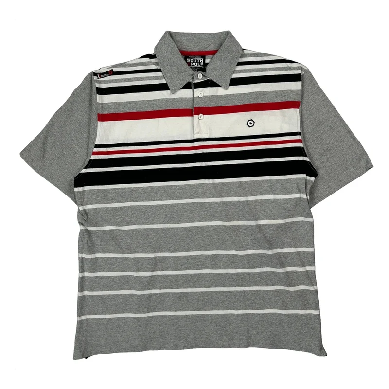 Southpole Striped Polo Shirt - Large Grey Cotton