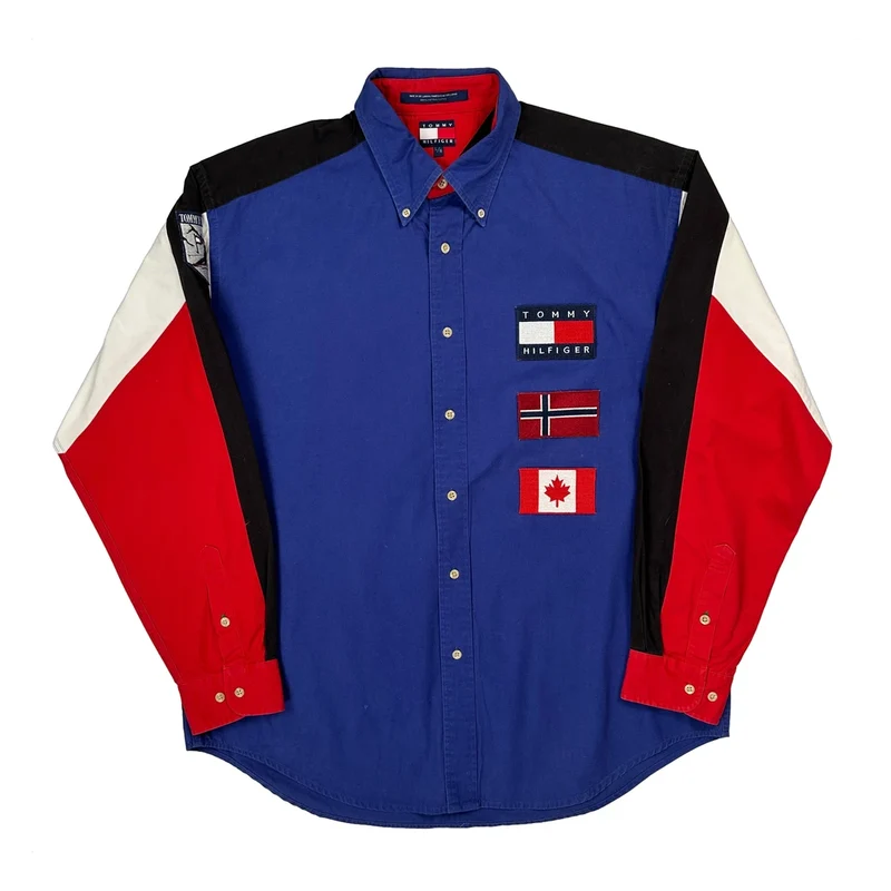 Canada Norway Ski Patch Tommy Hilfiger Graphic Shirt - Large Blue Cotton