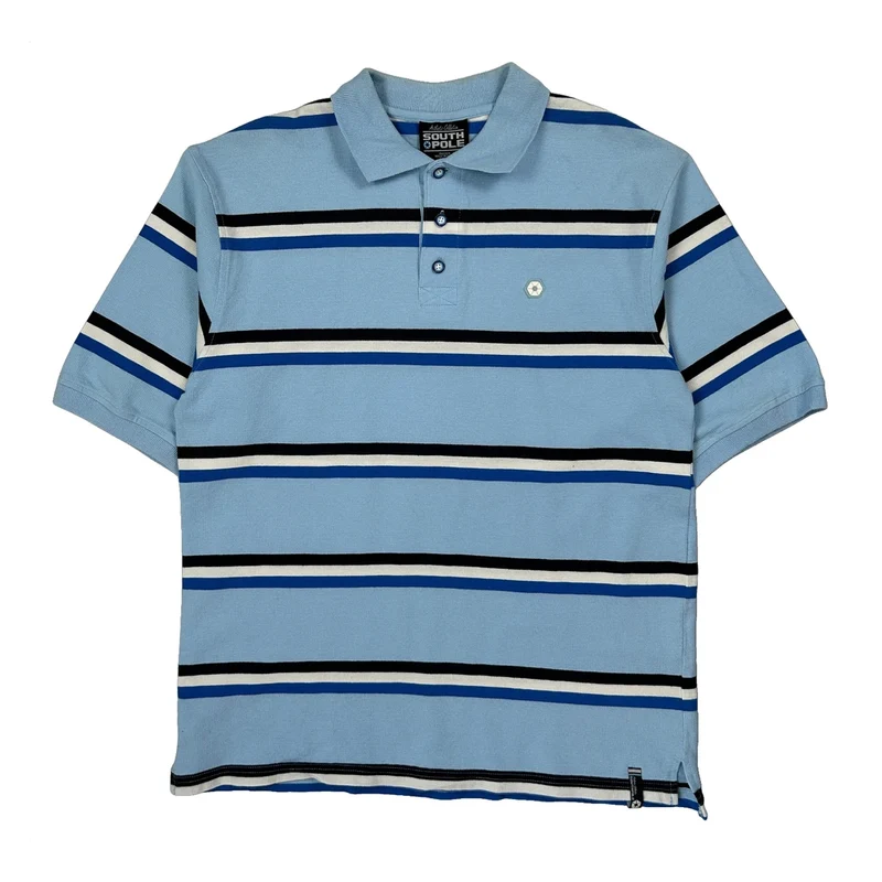 Southpole Striped Y2K Polo Shirt - Large Blue Cotton