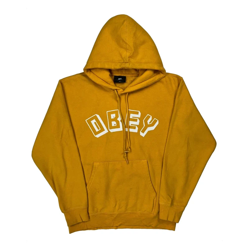 Obey Spellout Hoodie - Small Yellow Cotton