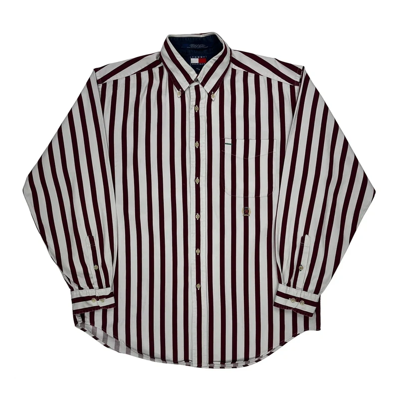 Tommy Hilfiger Striped Shirt - Medium Burgundy Cotton