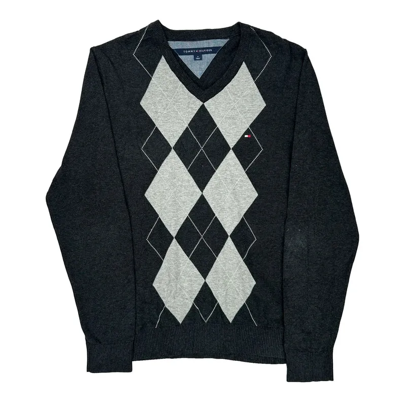 Tommy Hilfiger Argyle Sweater - Medium Gray Cotton Blend