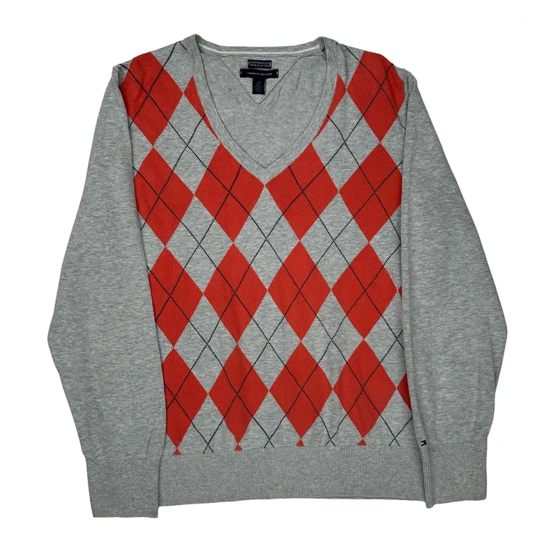 V-Neck Tommy Hilfiger Argyle Sweater - Large Gray Cotton