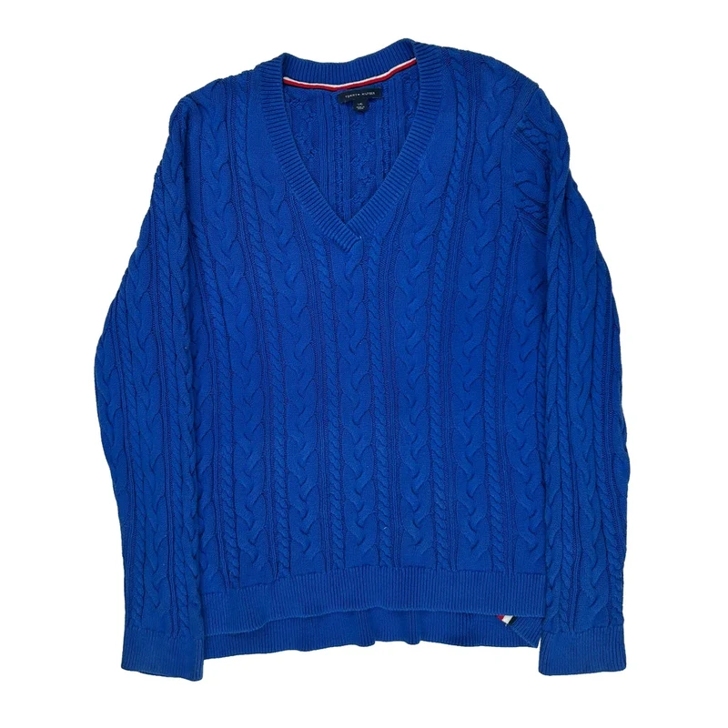Tommy Hilfiger V-Neck Sweater - Large Blue Cotton