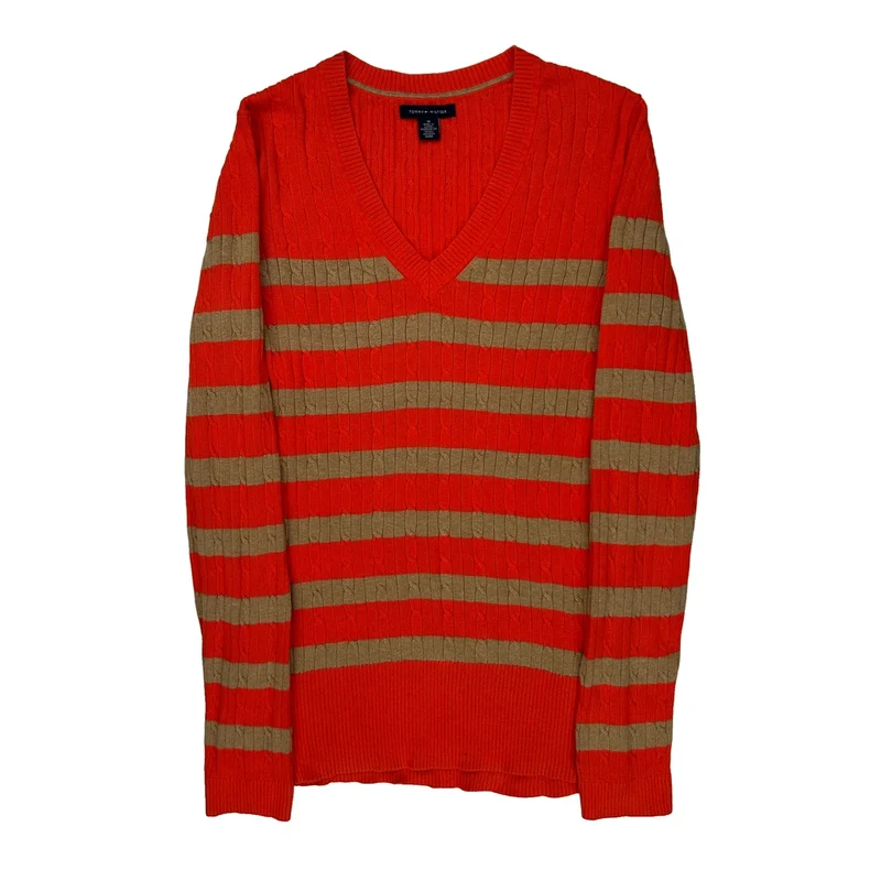 V-Neck Tommy Hilfiger Striped Sweater - Medium Red Cotton