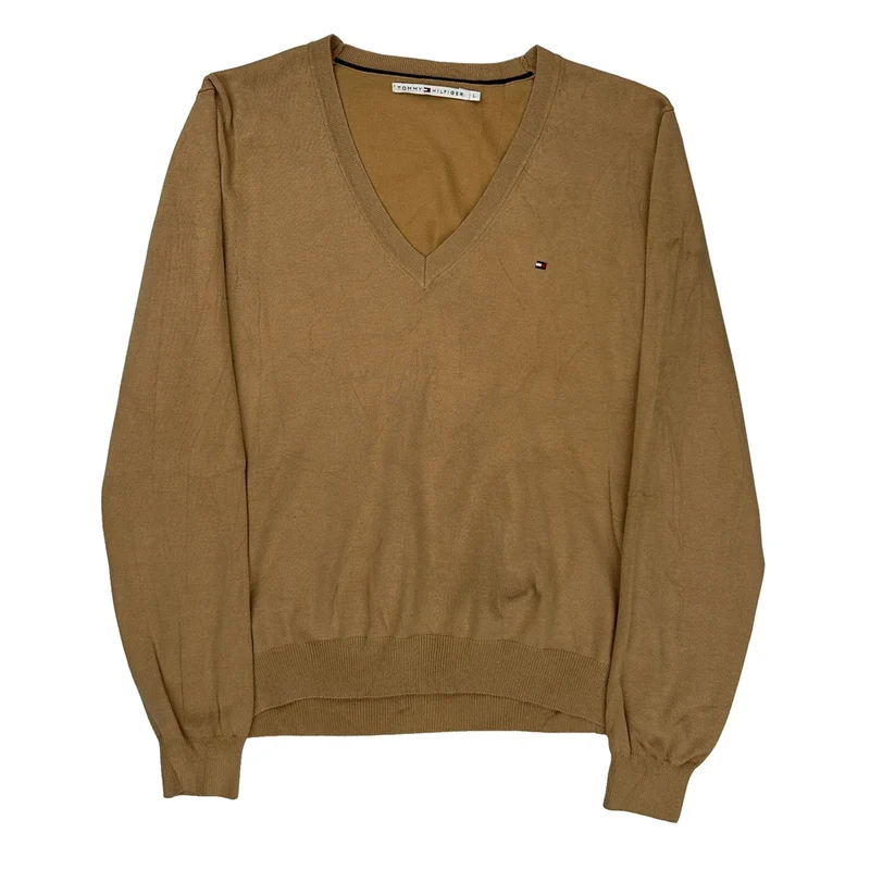 Tommy Hilfiger V-Neck Sweater - Large Brown Cotton