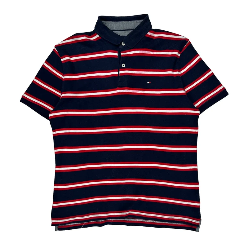 Tommy Hilfiger Striped Polo Shirt - Large Navy Cotton