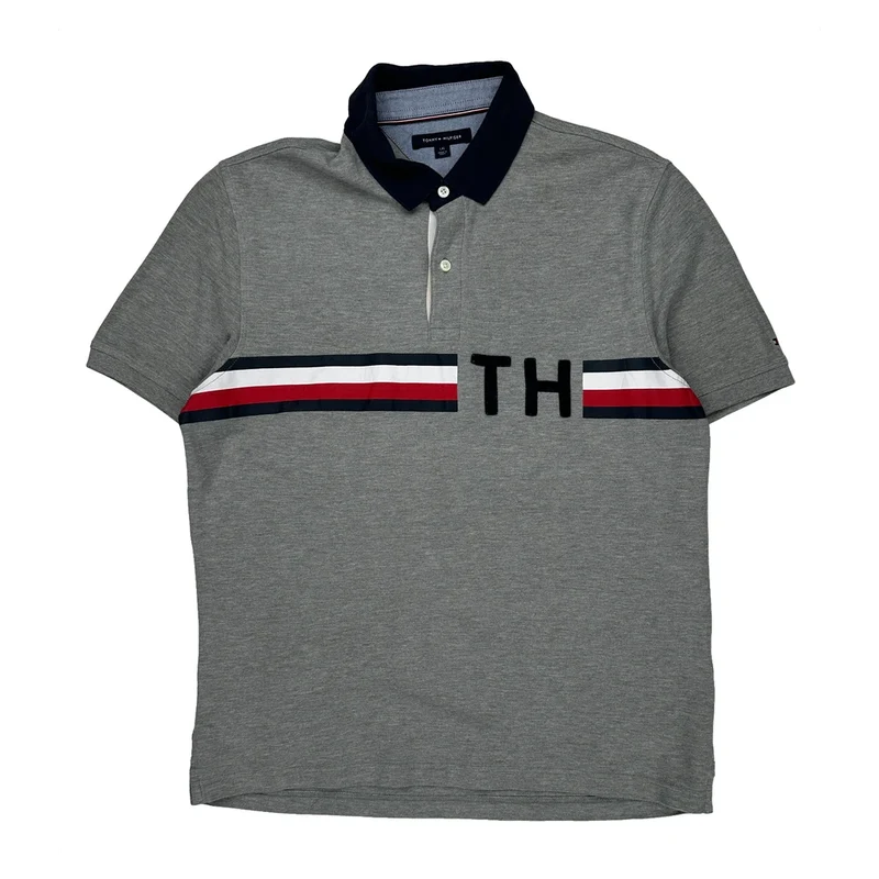 Tommy Hilfiger Striped Polo Shirt - Large Gray Cotton