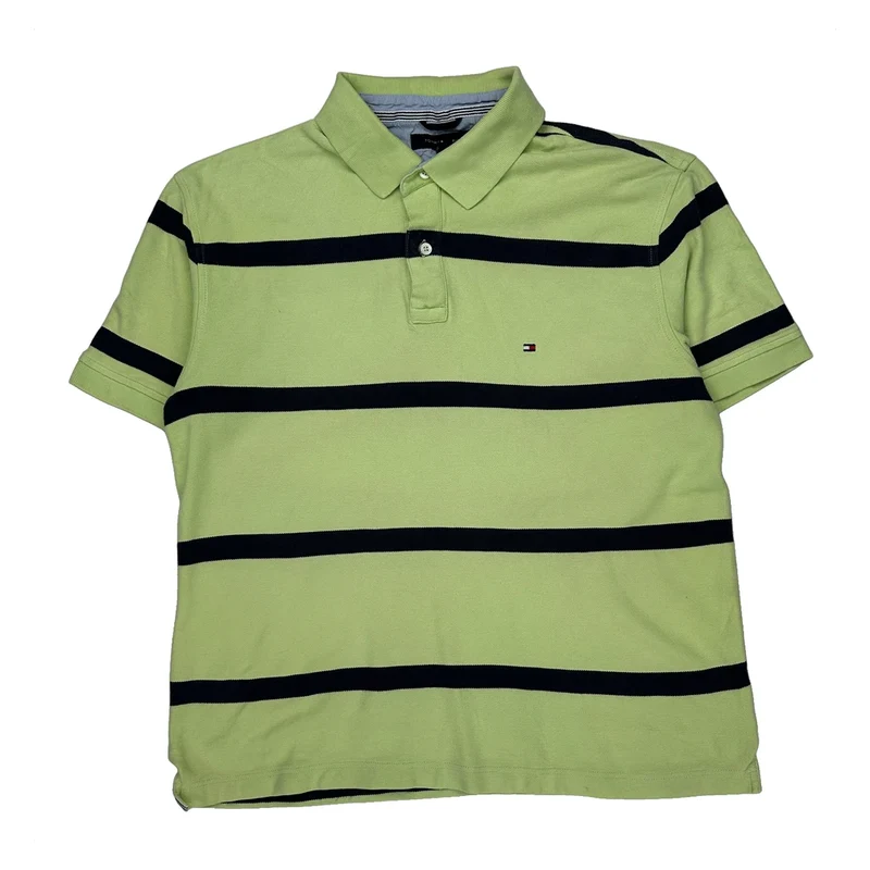 Tommy Hilfiger Striped Polo Shirt - Large Green Cotton